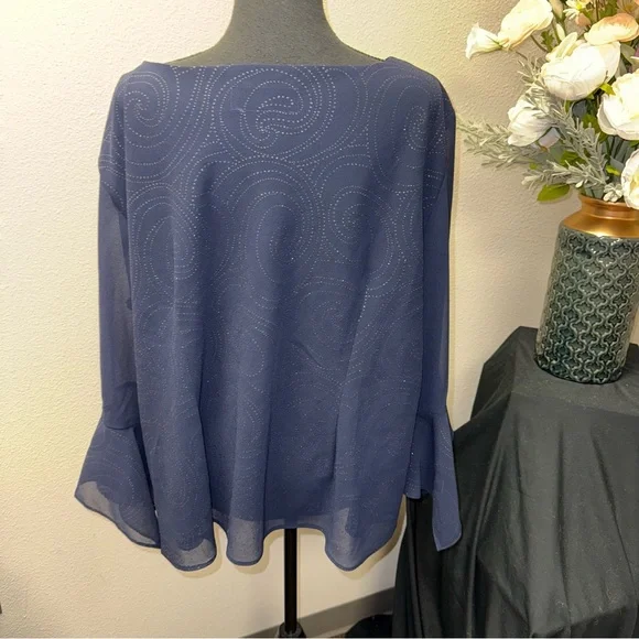 Dana Kay Navy Sheer Ruffle Blouse Rosette Front 3/4 Sleeve Plus 24W - Picture 3 of 7